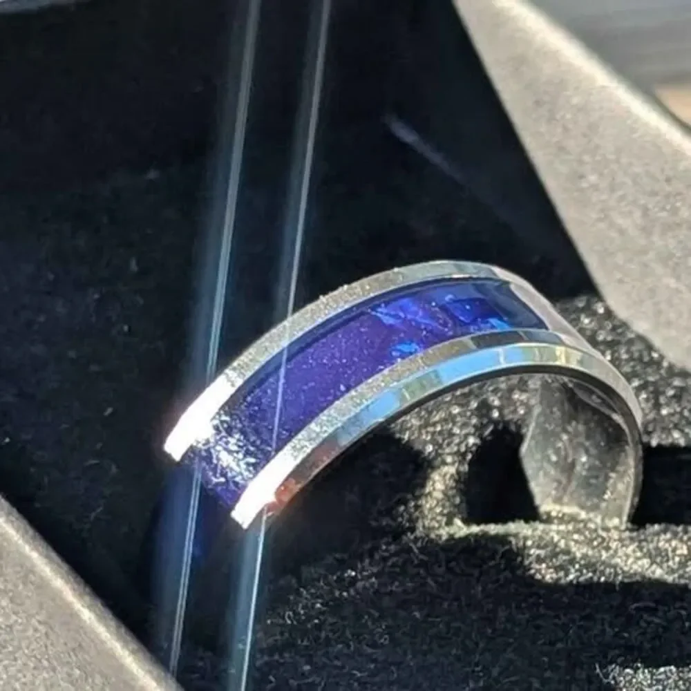 8mm Blue Opalescent Silver Stainless Steel Band Ring Size 9, 10, 12, 12.5, 13